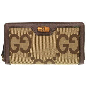Gucci Jumbo GG Bamboo Wallet Brown Beige Leather Round Zipper
